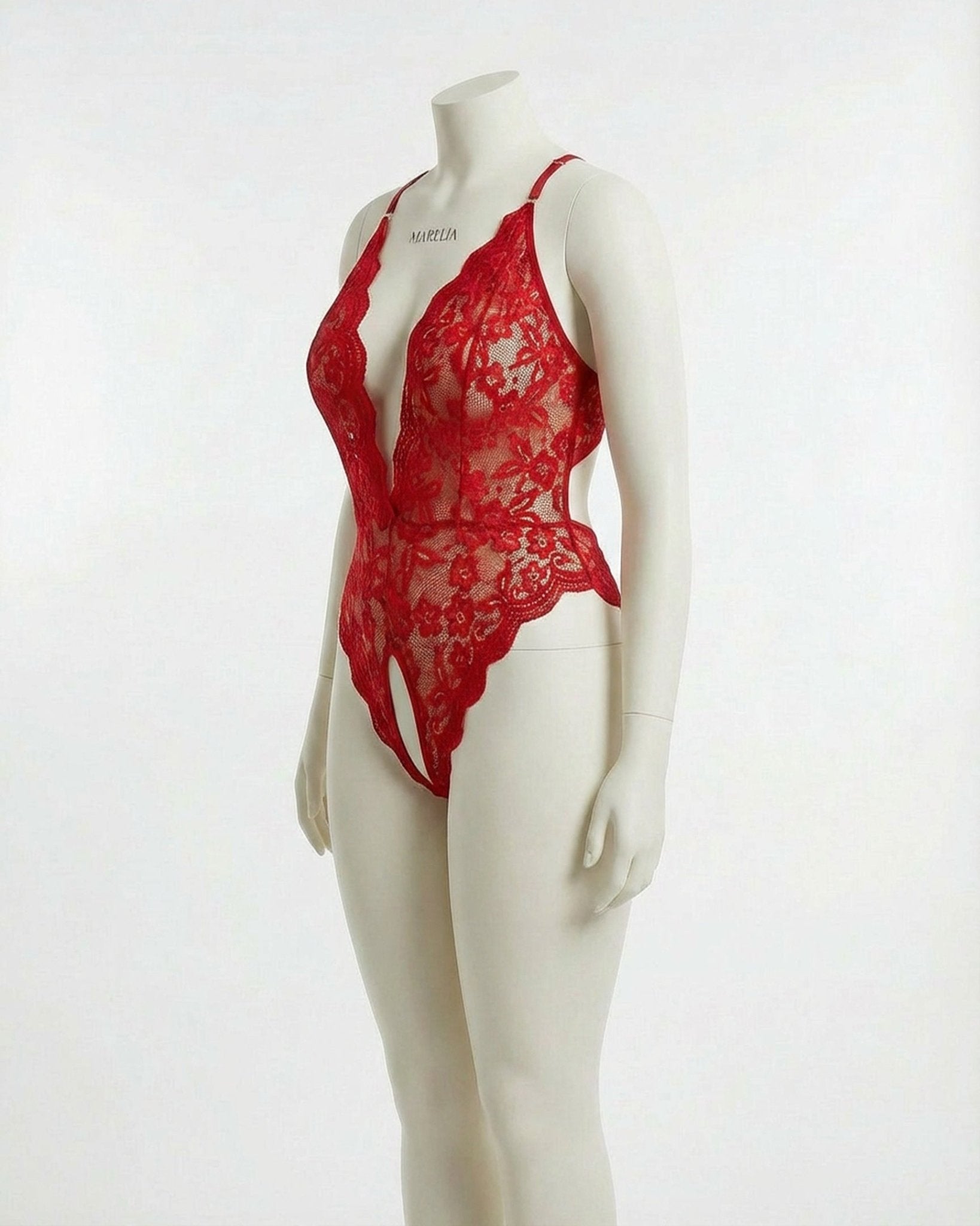 Red Plus Size Deep V Lace Crotchless Bodysuit - MARELIA