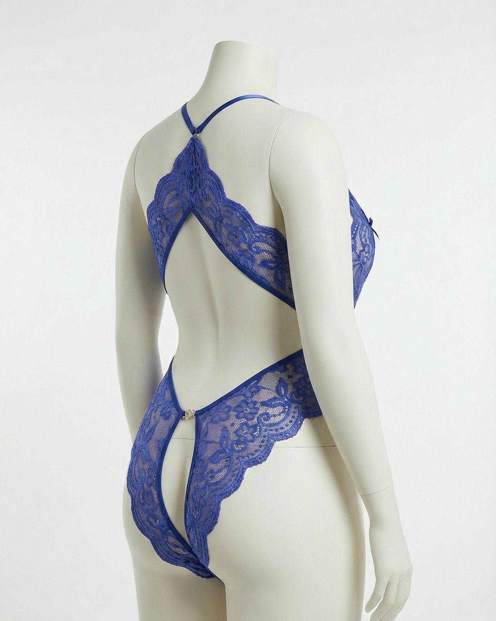 Blue Plus Size Deep V Lace Crotchless Bodysuit - MARELIA