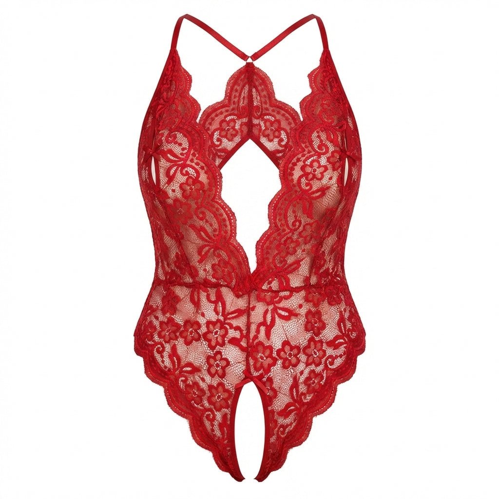 Red Plus Size Deep V Lace Crotchless Bodysuit - MARELIA
