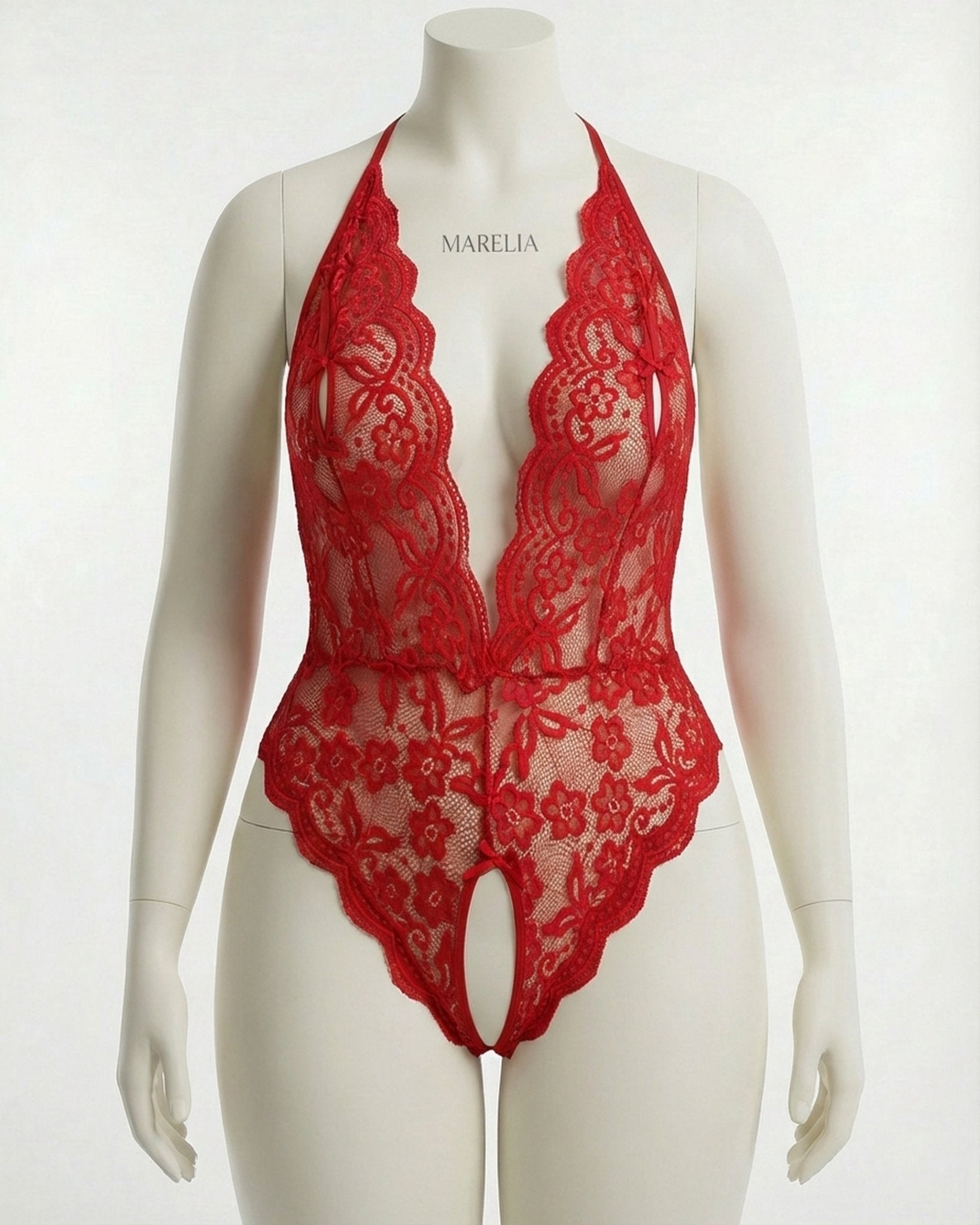 Red Plus Size Deep V Lace Crotchless Bodysuit - MARELIA