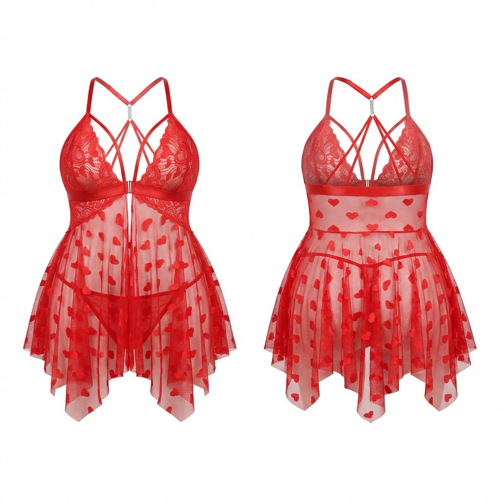 Plus Size Heart Print Mesh Babydoll With G-String - Marelia