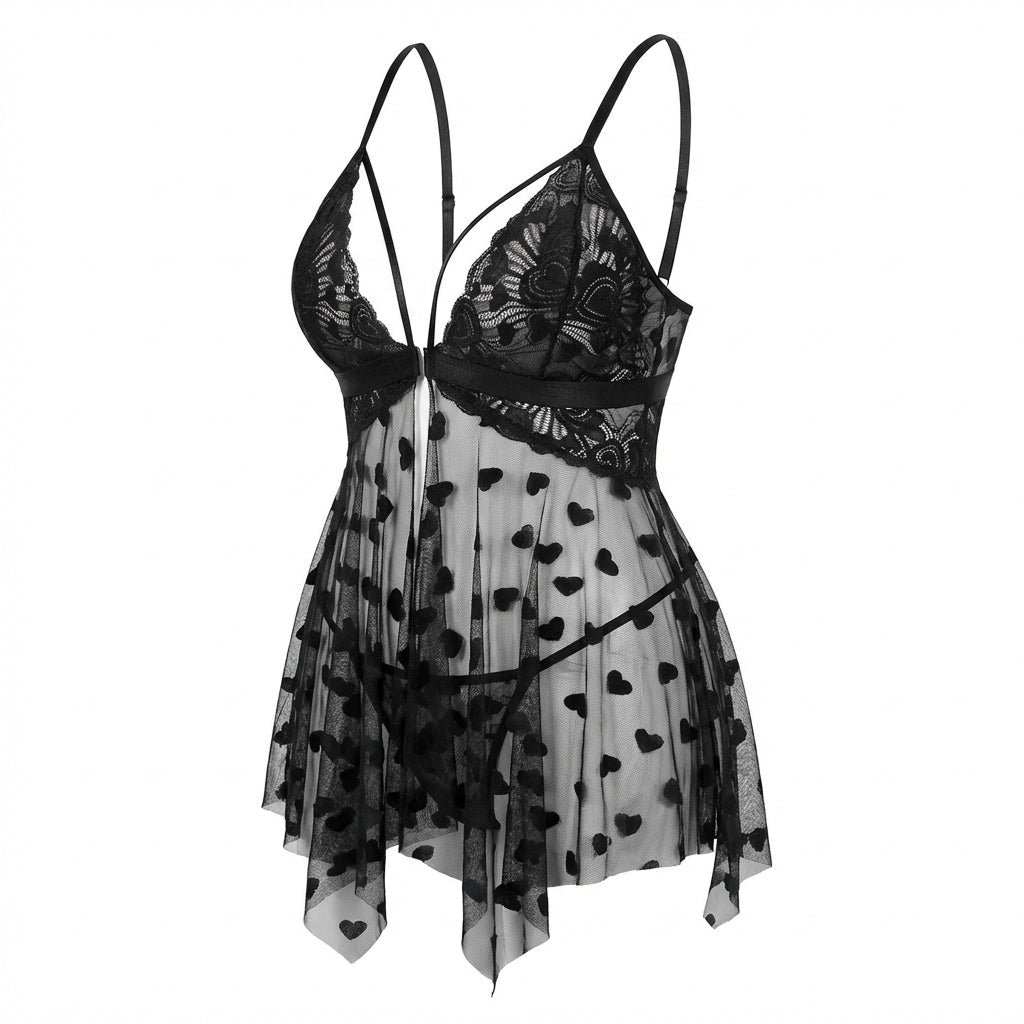 Black Plus Size Heart Print Mesh Babydoll With G-String - Marelia