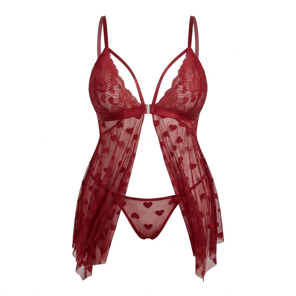 Burgundy Plus Size Heart Print Mesh Babydoll With G-String - Marelia