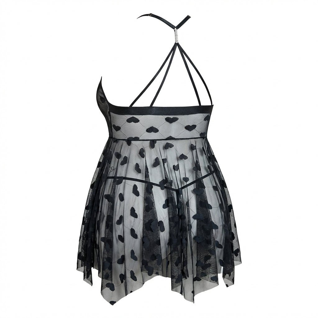 Black Plus Size Heart Print Mesh Babydoll With G-String - Marelia