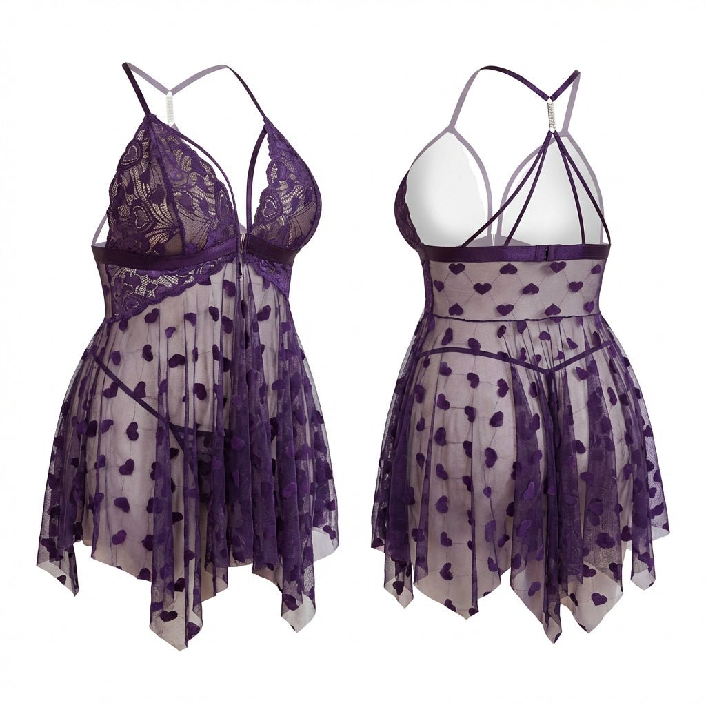 Plus Size Heart Print Mesh Babydoll With G-String - Marelia
