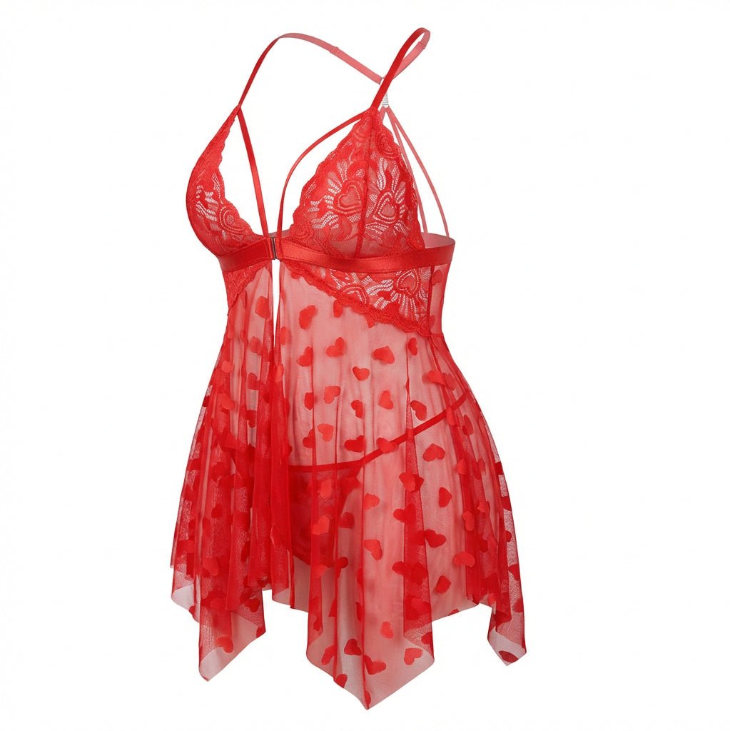 Red Plus Size Heart Print Mesh Babydoll With G-String - Marelia