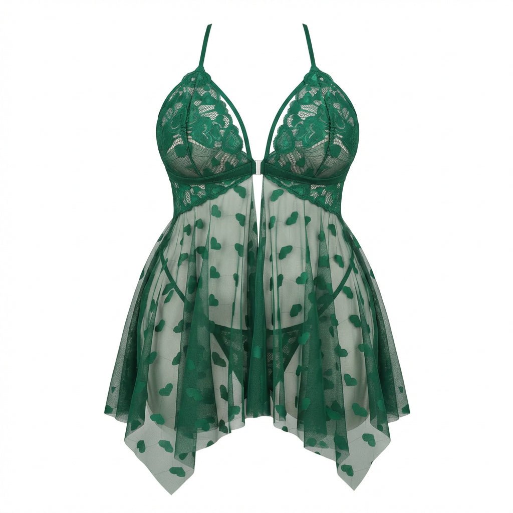 Green Plus Size Heart Print Mesh Babydoll With G-String - Marelia