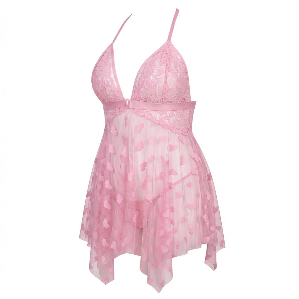Pink Plus Size Heart Print Mesh Babydoll With G-String - Marelia