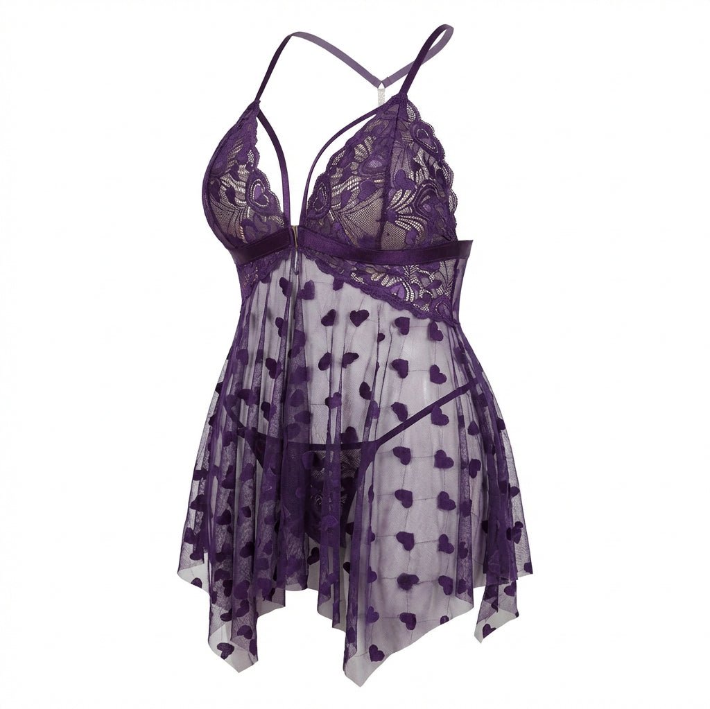 Purple Plus Size Heart Print Mesh Babydoll With G-String - Marelia