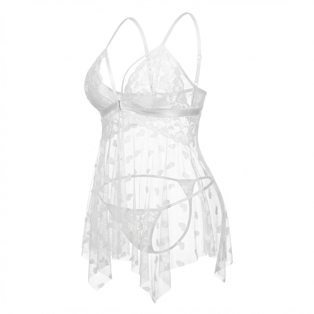 White Plus Size Heart Print Mesh Babydoll With G-String - Marelia