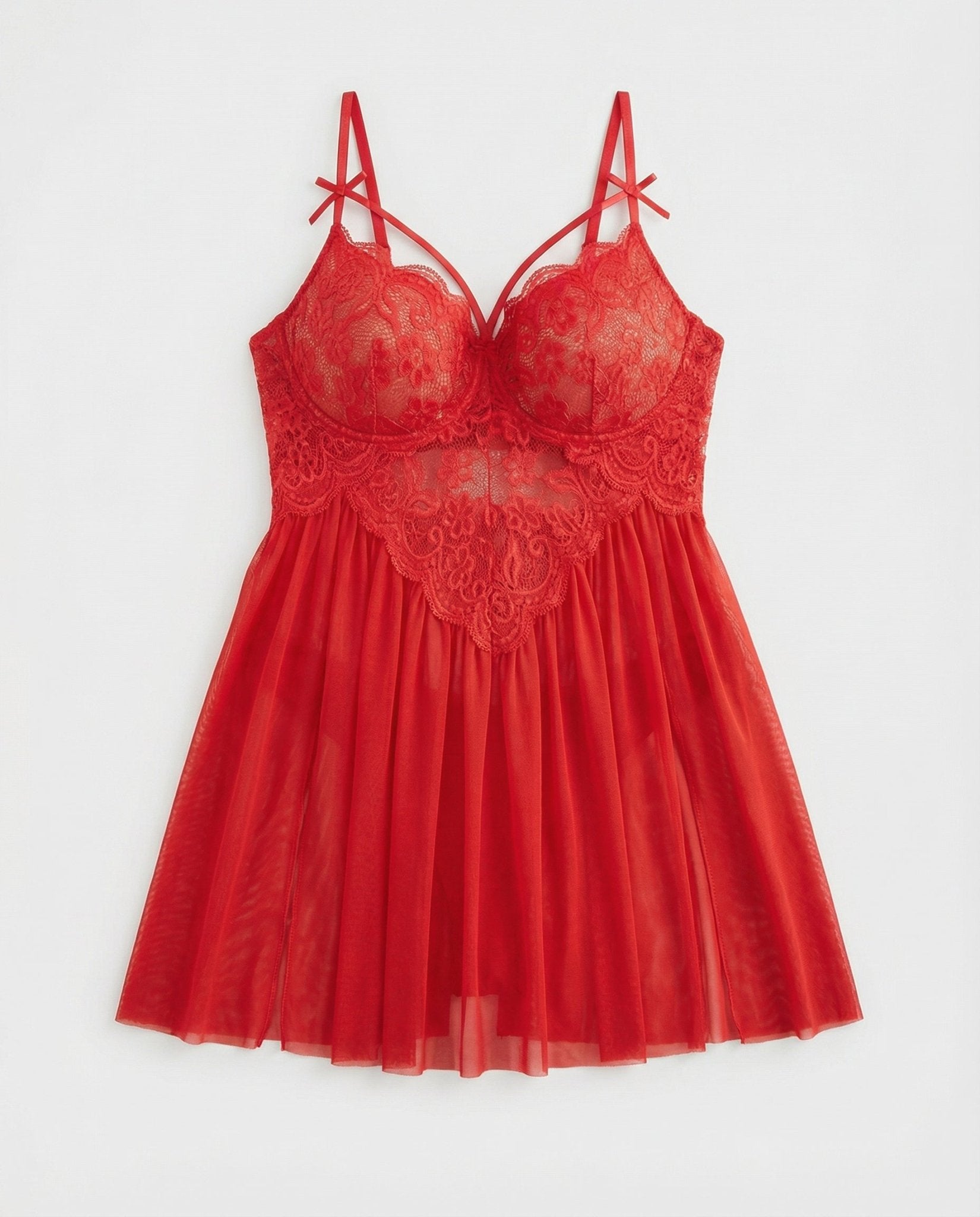 Red Plus Size Lace Babydoll With Pleated Mesh Skirt And Thong - Marelia