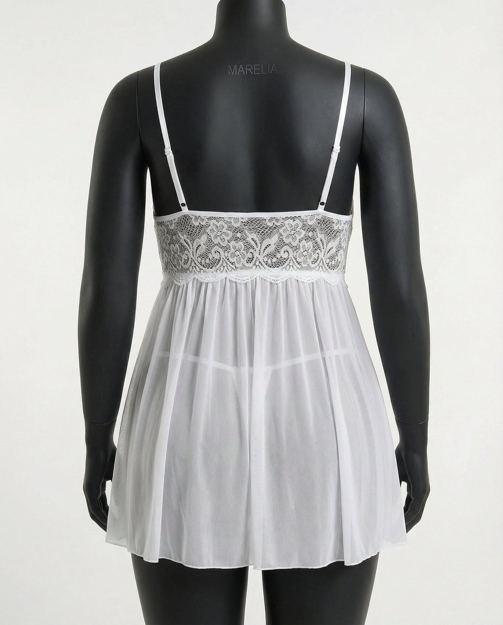White Plus Size Lace Babydoll With Pleated Mesh Skirt And Thong - Marelia