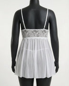 White Plus Size Lace Babydoll With Pleated Mesh Skirt And Thong - Marelia