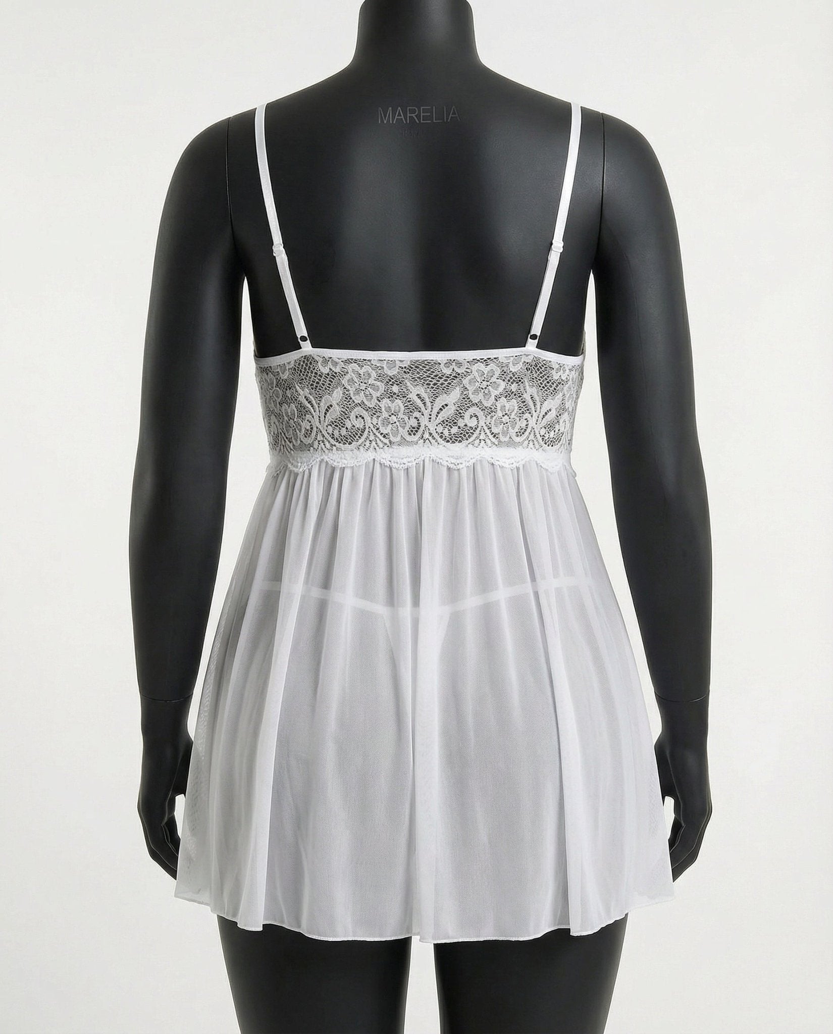 White Plus Size Lace Babydoll With Pleated Mesh Skirt And Thong - Marelia