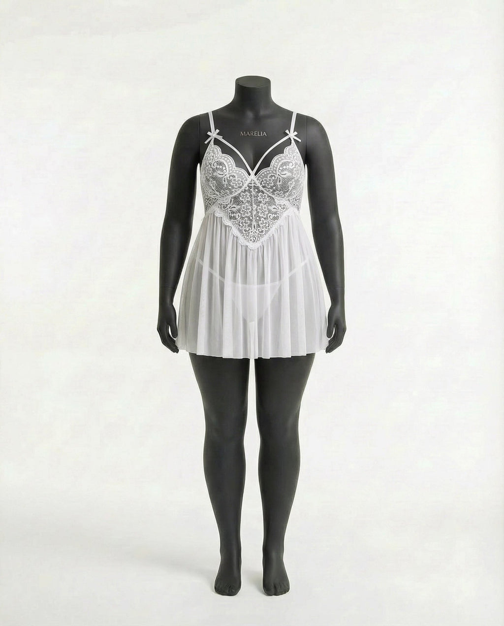 White Plus Size Lace Babydoll With Pleated Mesh Skirt And Thong - Marelia