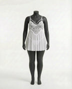 White Plus Size Lace Babydoll With Pleated Mesh Skirt And Thong - Marelia