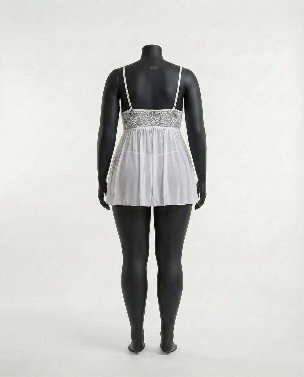 White Plus Size Lace Babydoll With Pleated Mesh Skirt And Thong - Marelia
