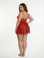 Plus Size Lace Babydoll With Pleated Mesh Skirt And Thong - MARELIA