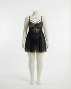 Black Plus Size Lace Babydoll With Pleated Mesh Skirt And Thong - Marelia