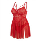 Red Plus Size Lace Babydoll With Pleated Mesh Skirt And Thong - Marelia