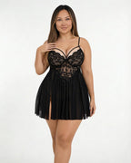 Black Plus Size Lace Babydoll With Pleated Mesh Skirt And Thong - MARELIA