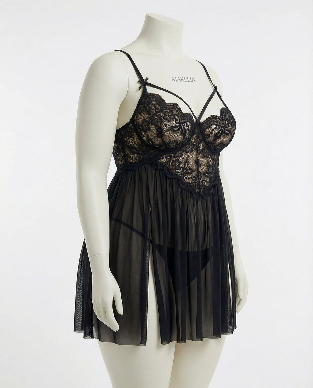 Black Plus Size Lace Babydoll With Pleated Mesh Skirt And Thong - Marelia