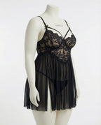 Black Plus Size Lace Babydoll With Pleated Mesh Skirt And Thong - Marelia