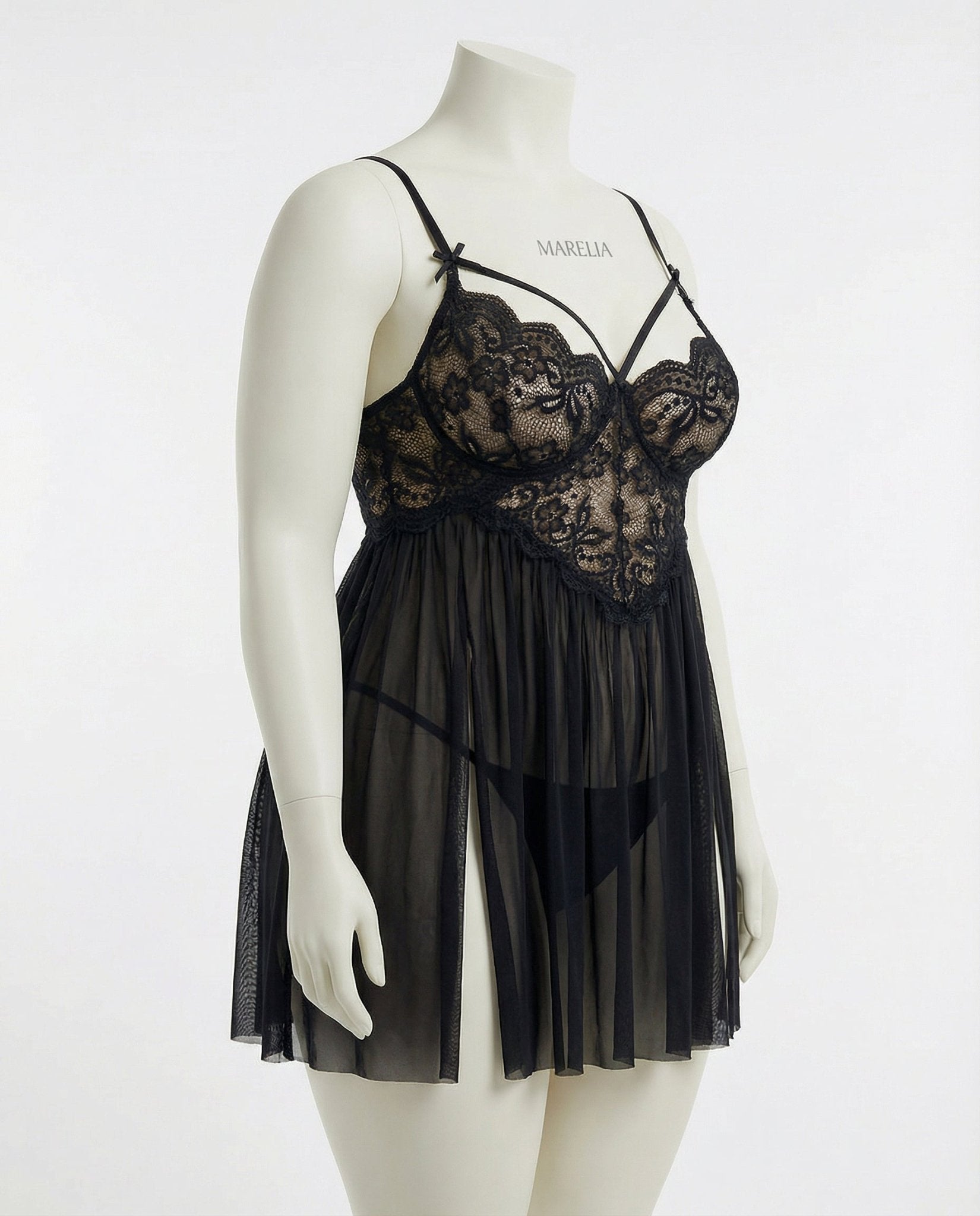 Black Plus Size Lace Babydoll With Pleated Mesh Skirt And Thong - Marelia