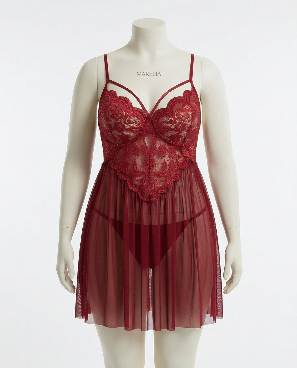 Burgundy Plus Size Lace Babydoll With Pleated Mesh Skirt And Thong - Marelia