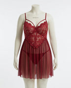 Burgundy Plus Size Lace Babydoll With Pleated Mesh Skirt And Thong - Marelia