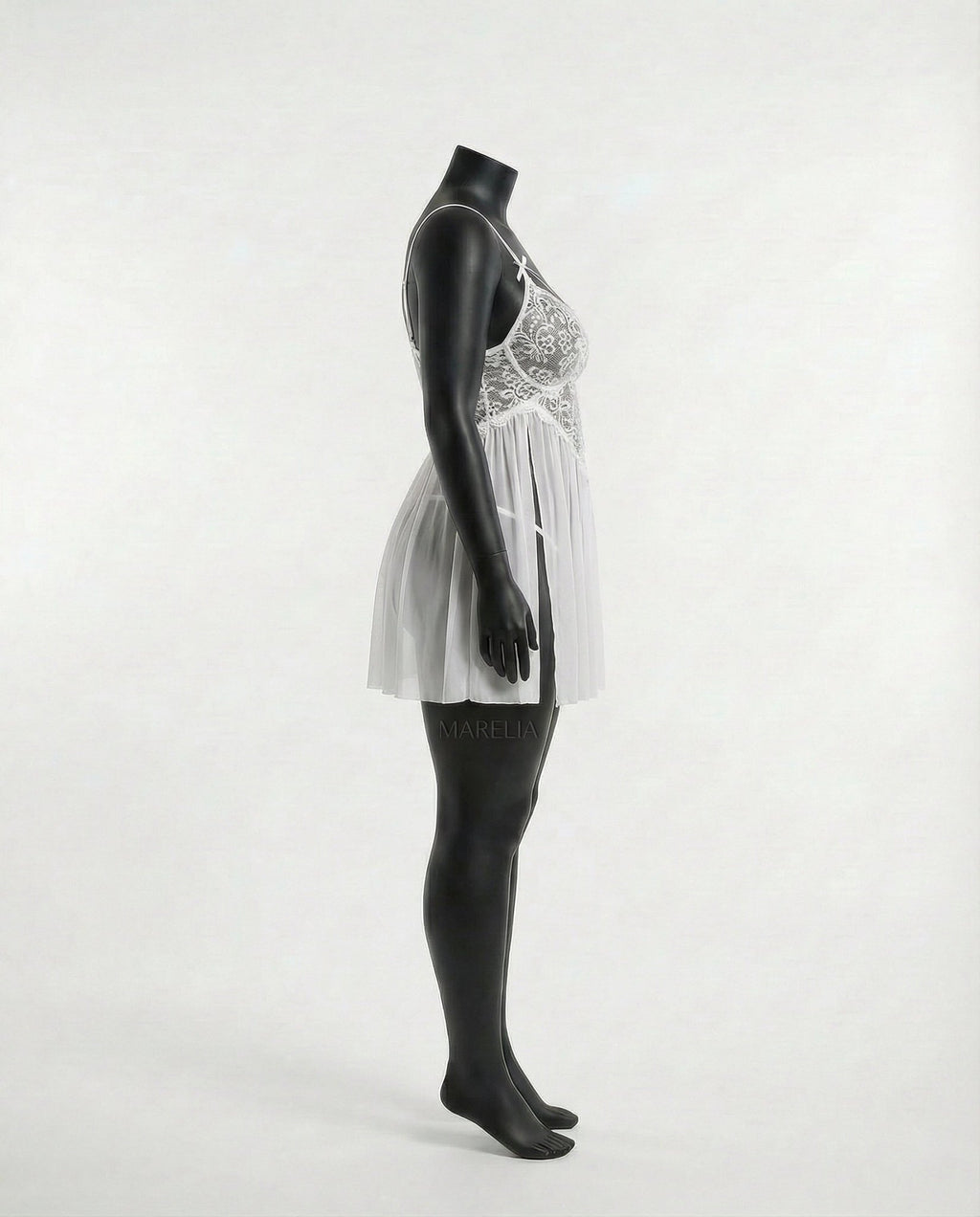 White Plus Size Lace Babydoll With Pleated Mesh Skirt And Thong - Marelia