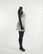 White Plus Size Lace Babydoll With Pleated Mesh Skirt And Thong - Marelia