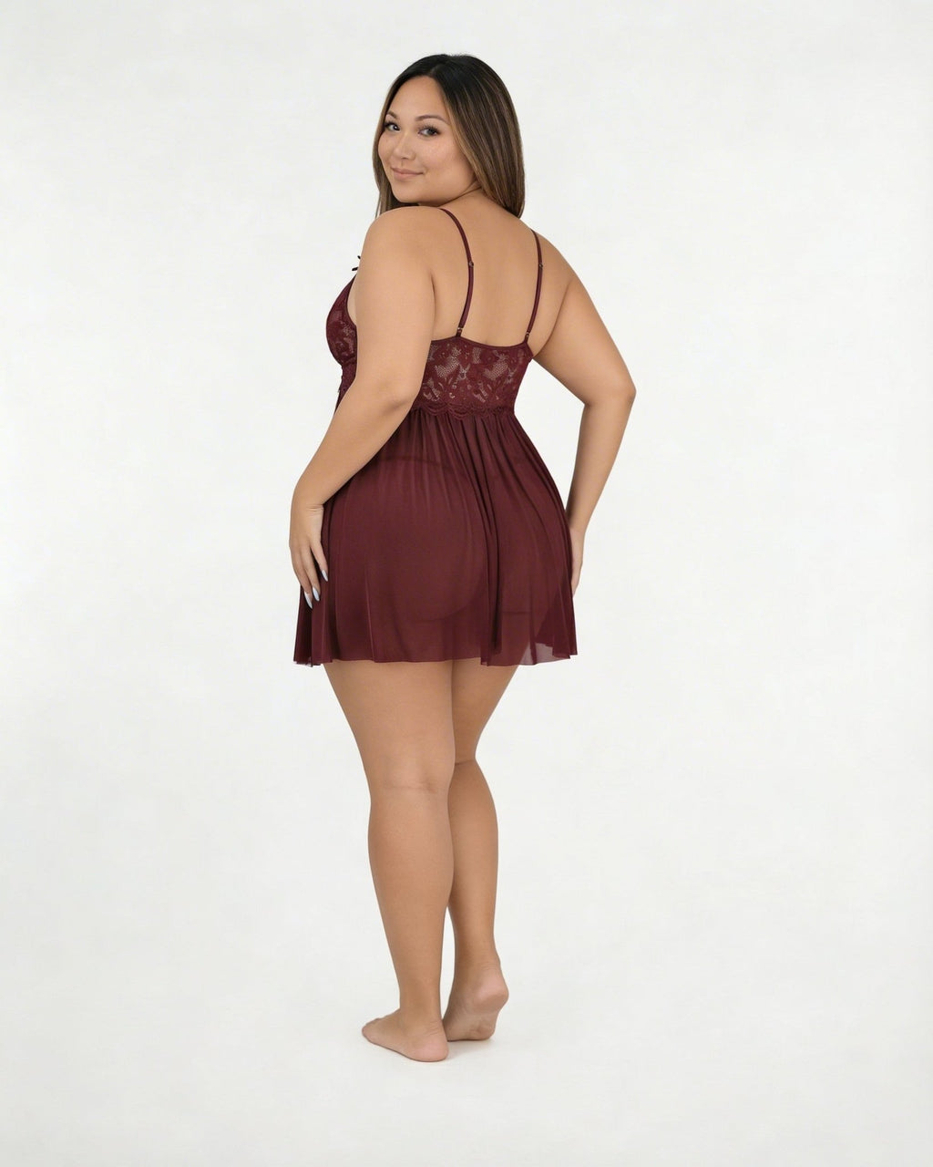Burgundy Plus Size Lace Babydoll With Pleated Mesh Skirt And Thong - MARELIA