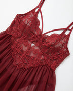 Burgundy Plus Size Lace Babydoll With Pleated Mesh Skirt And Thong - Marelia