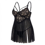 Black Plus Size Lace Babydoll With Pleated Mesh Skirt And Thong - Marelia