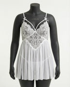 White Plus Size Lace Babydoll With Pleated Mesh Skirt And Thong - Marelia
