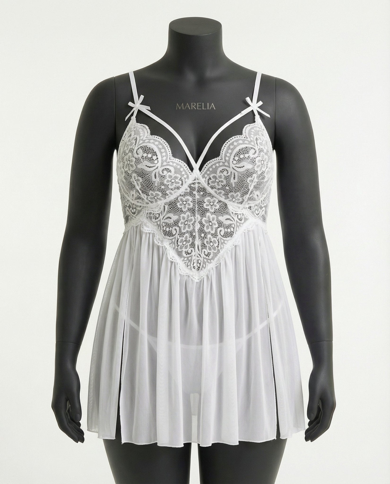 White Plus Size Lace Babydoll With Pleated Mesh Skirt And Thong - Marelia