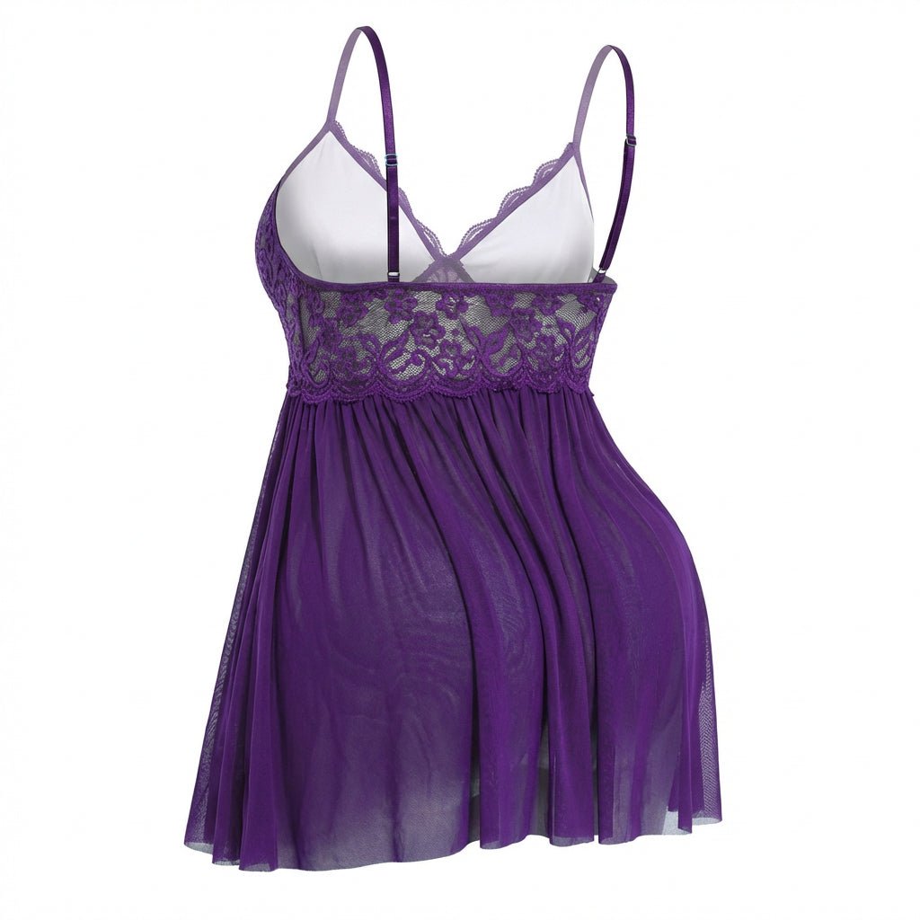 Purple Plus Size Lace Babydoll With Pleated Mesh Skirt And Thong - Marelia