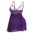 Purple Plus Size Lace Babydoll With Pleated Mesh Skirt And Thong - Marelia