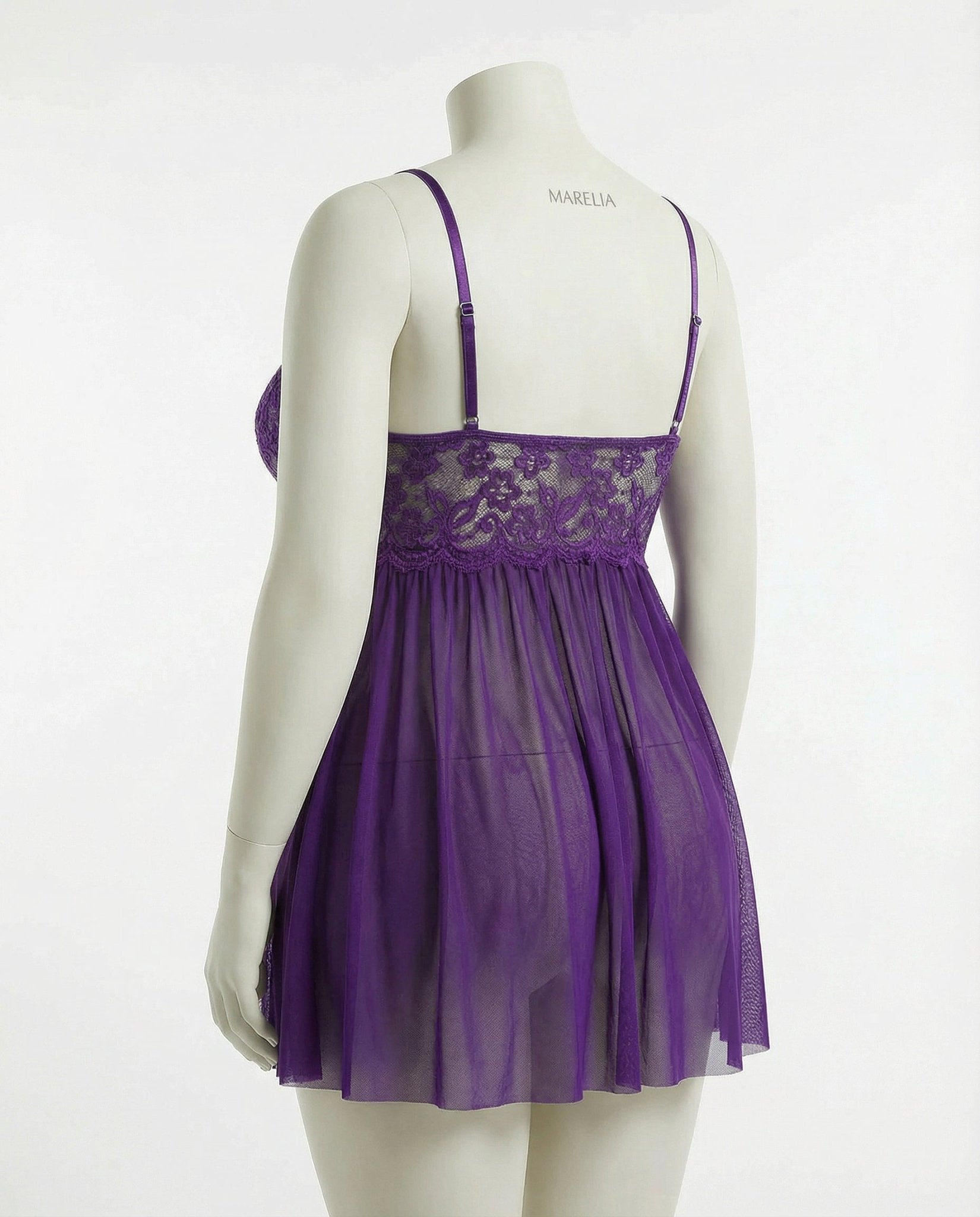 Purple Plus Size Lace Babydoll With Pleated Mesh Skirt And Thong - Marelia