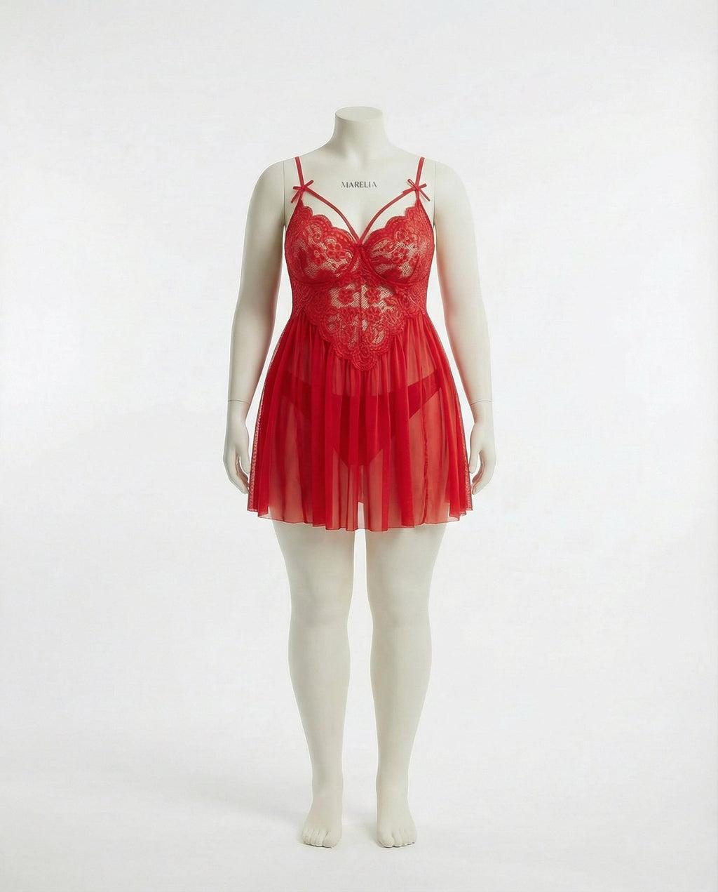 Red Plus Size Lace Babydoll With Pleated Mesh Skirt And Thong - Marelia