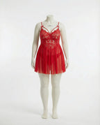 Red Plus Size Lace Babydoll With Pleated Mesh Skirt And Thong - Marelia