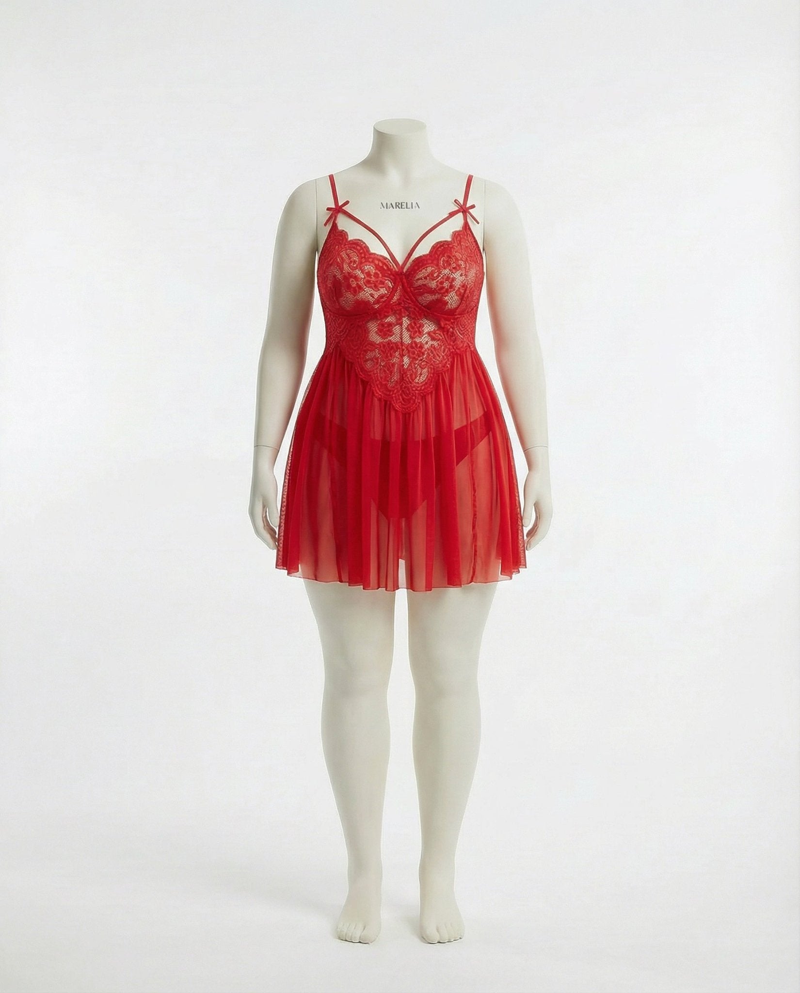 Red Plus Size Lace Babydoll With Pleated Mesh Skirt And Thong - Marelia