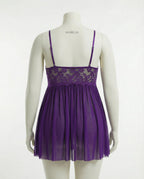 Purple Plus Size Lace Babydoll With Pleated Mesh Skirt And Thong - Marelia