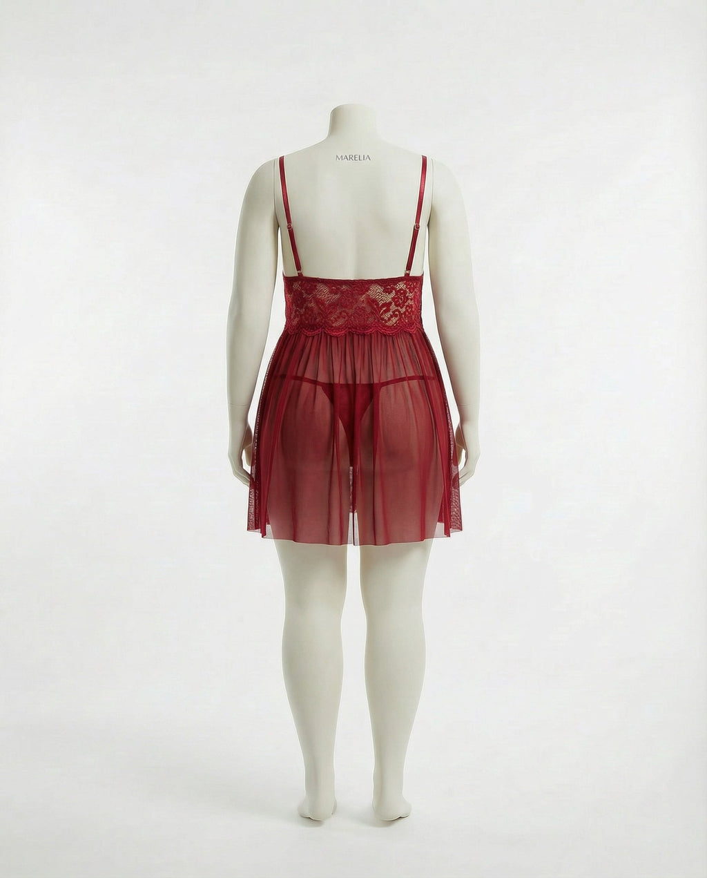Burgundy Plus Size Lace Babydoll With Pleated Mesh Skirt And Thong - Marelia