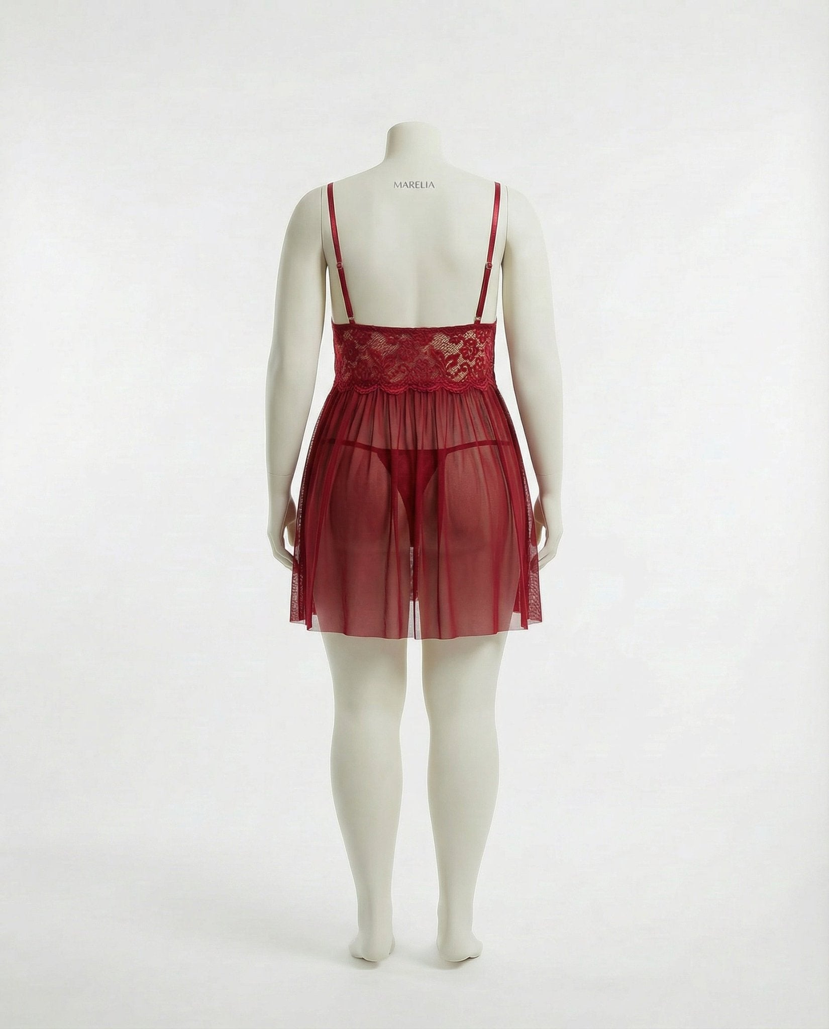 Burgundy Plus Size Lace Babydoll With Pleated Mesh Skirt And Thong - Marelia