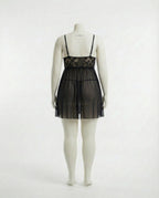 Black Plus Size Lace Babydoll With Pleated Mesh Skirt And Thong - Marelia