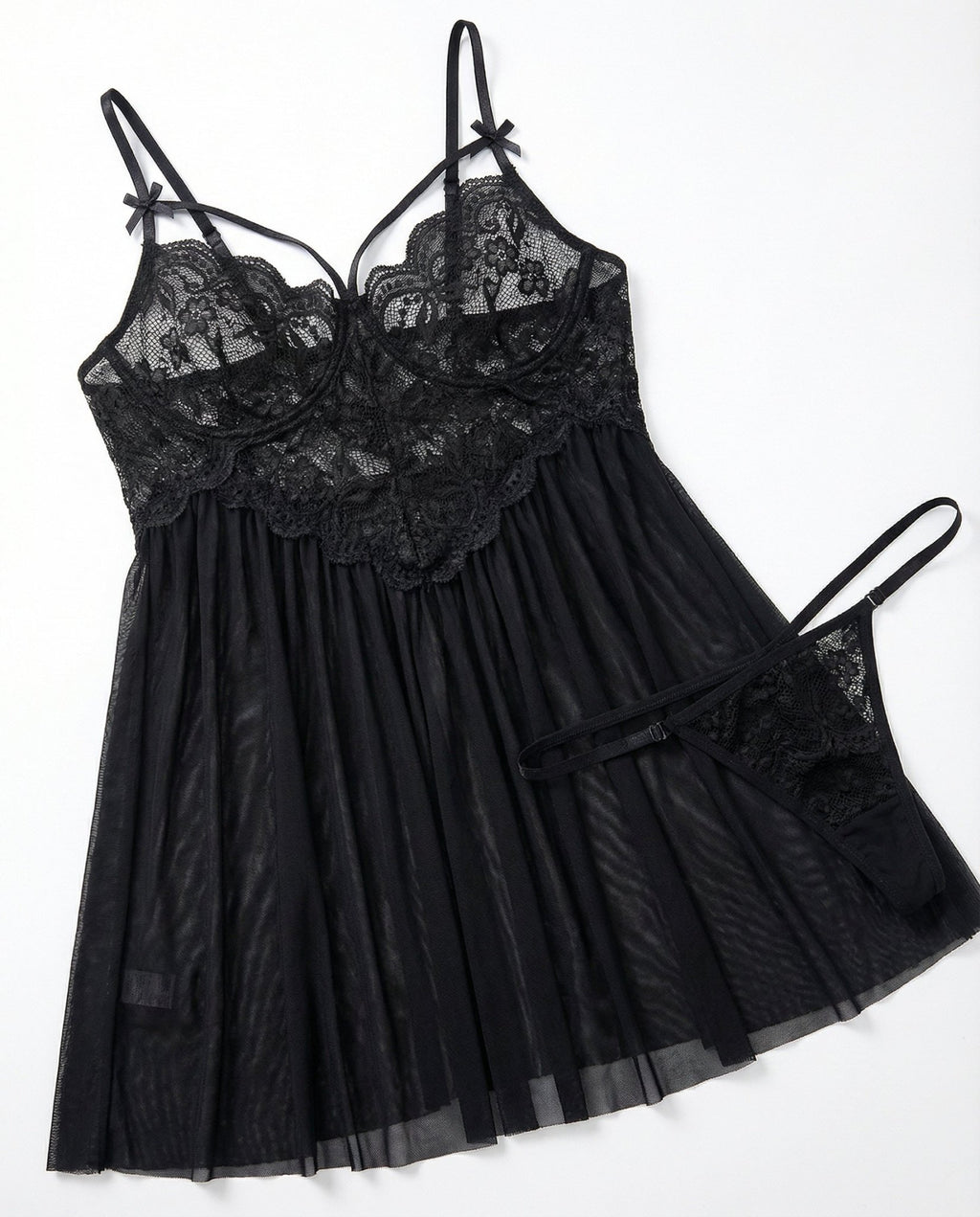 Black Plus Size Lace Babydoll With Pleated Mesh Skirt And Thong - Marelia