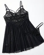 Black Plus Size Lace Babydoll With Pleated Mesh Skirt And Thong - Marelia
