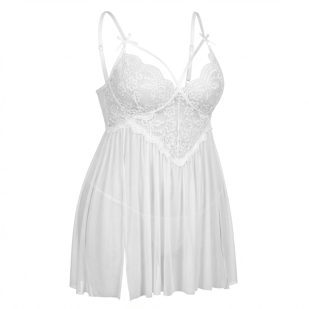 White Plus Size Lace Babydoll With Pleated Mesh Skirt And Thong - Marelia